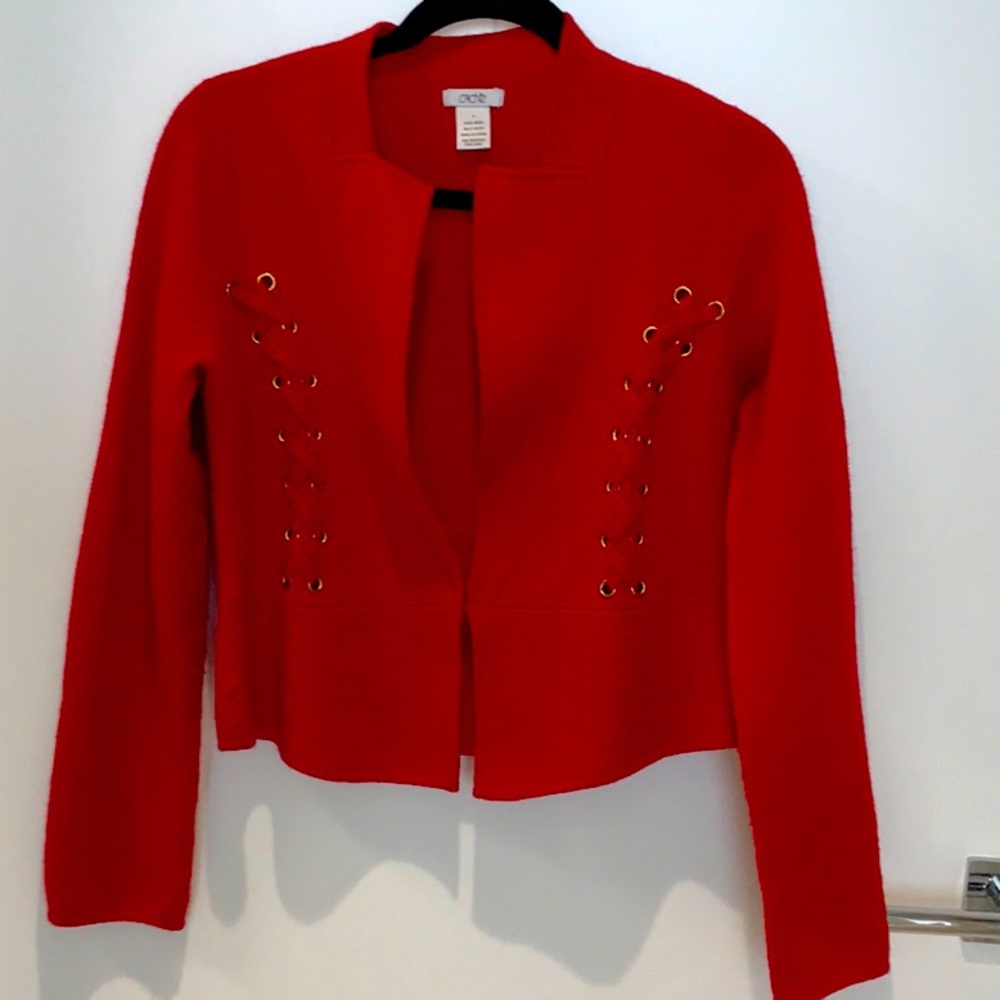 Red Boiled Wool Jacket, Gold Trim, Holiday Perfect, S, Excellent!